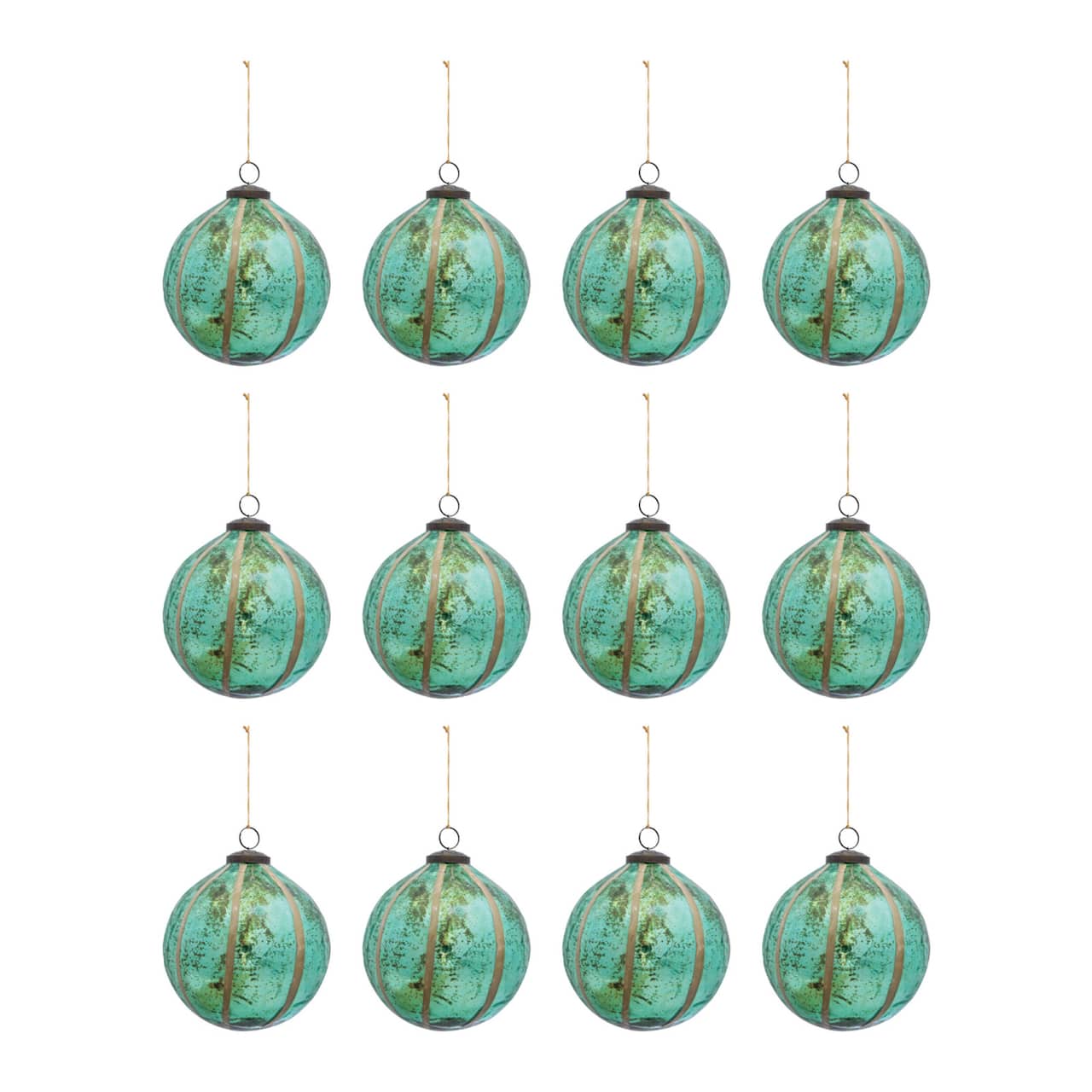Hello Honey® 12 Pack 4" Turquoise Glass Ball Ornament with Eucalyptus Leaves
